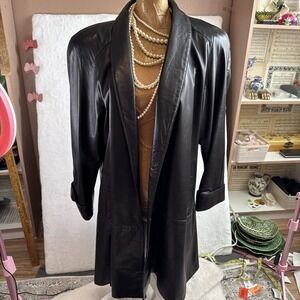 Mint Vtg 80s MAXIMA For Saks Fifth Ave Open Front Leather Swing Coat Lambskin Lg